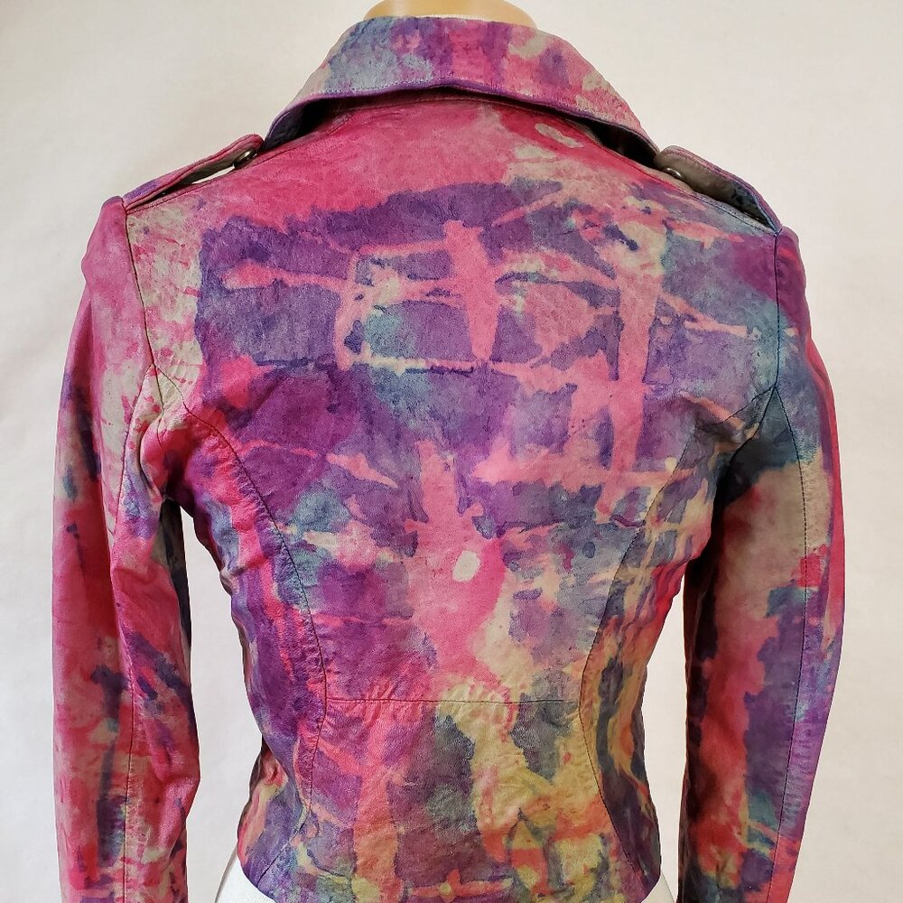 Leather Motorcycle biker Jacket graffiti painted pink purple red blue XS 0 2 4 6